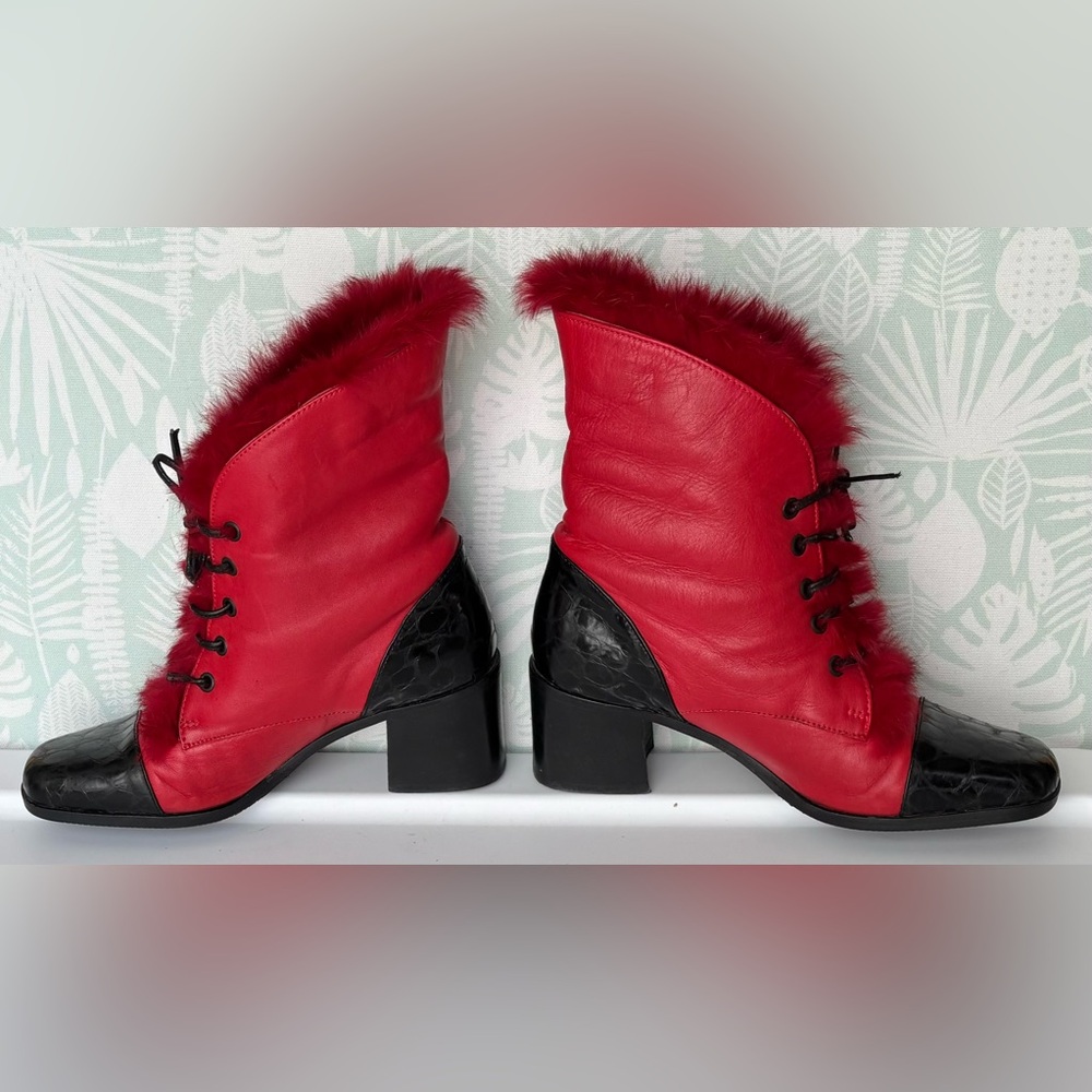 Emmedieci Leather Red Booties Victorian Style w/ Rabbit Hair Lining EU 38 US 7.5 - Picture 3 of 13